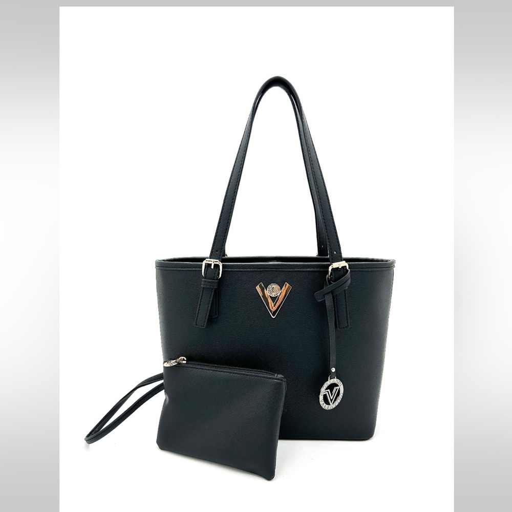 Valentino “New Line” Elegant Black Tote Bag with Wallet. Gorgeous Gold Accents.